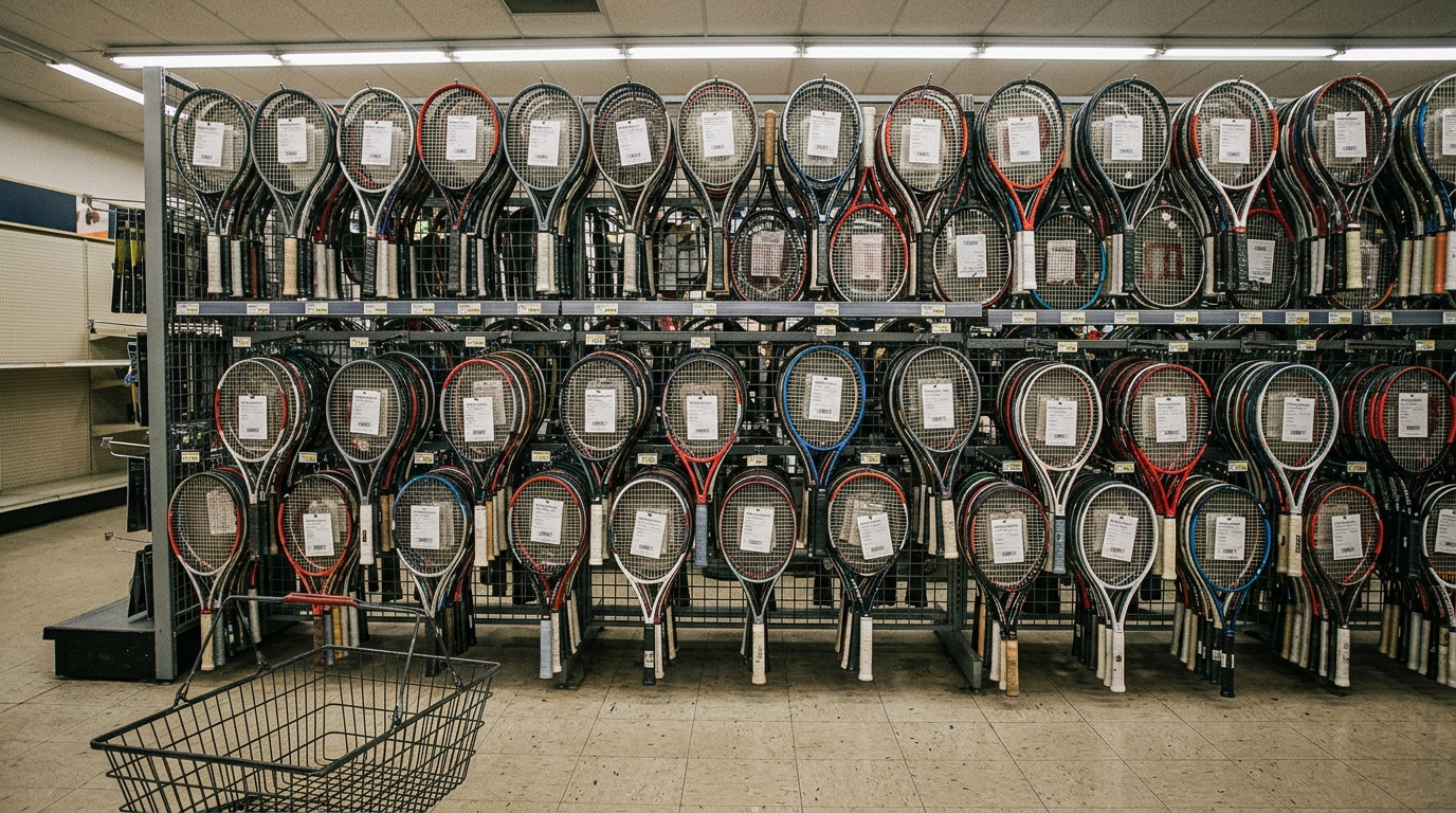 A crowded wall of tennis rackets in a sporting goods store